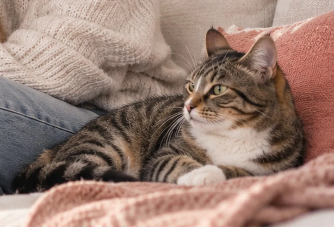 Tabby cat resting beside an owner on a soft blanket